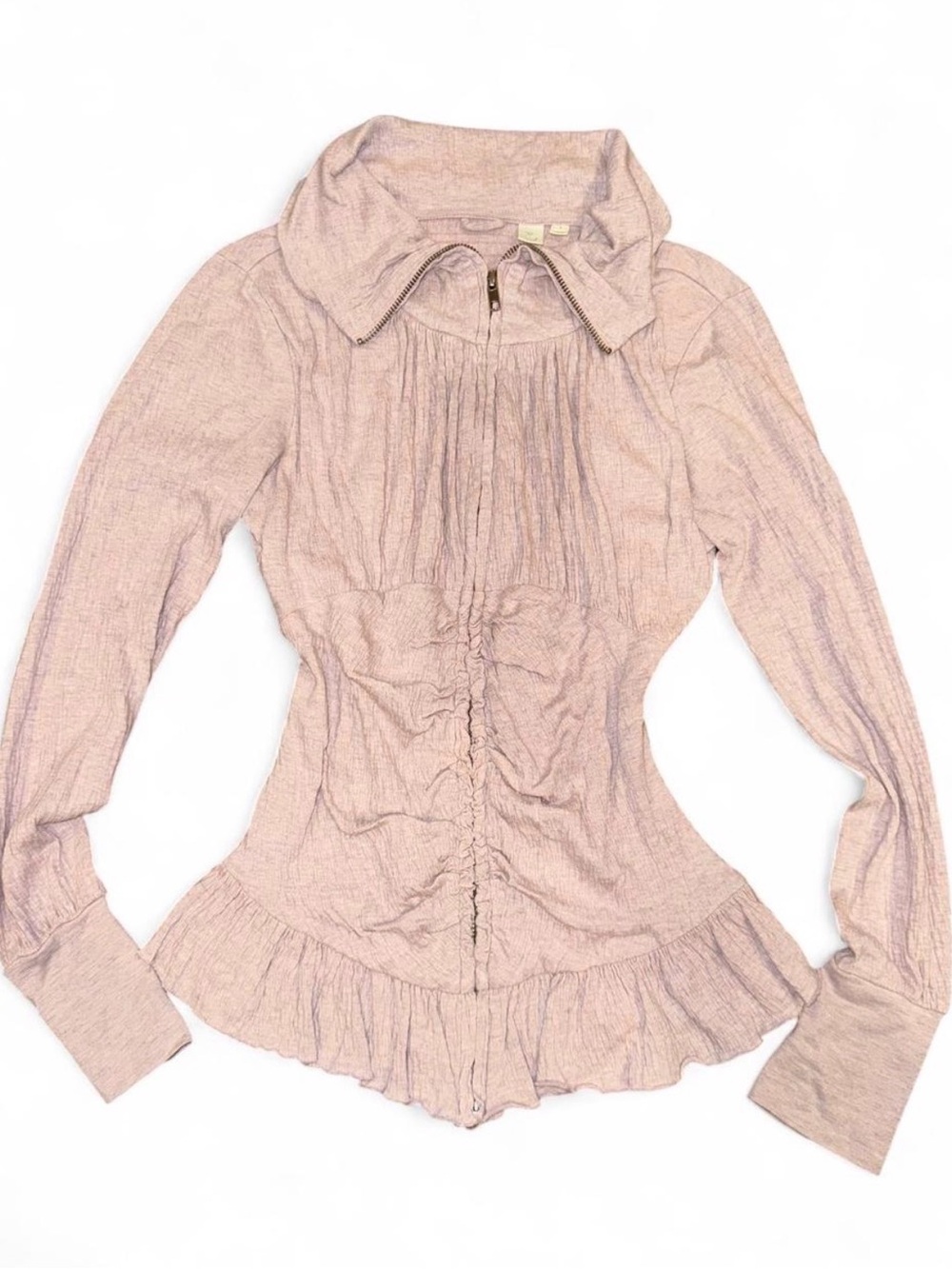 Anthropologie Eloise Blouse S Corset Zip Front Collared Ruched Jacket Pink